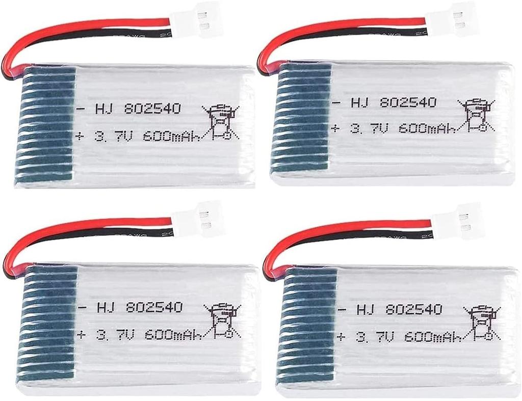 Set of 4 LiPo Batteries 3.7V 600mAh for Drones | Compatible with Syma X5, Cheerson CX-30W, Skytech M68 | Includes Charger, Silver