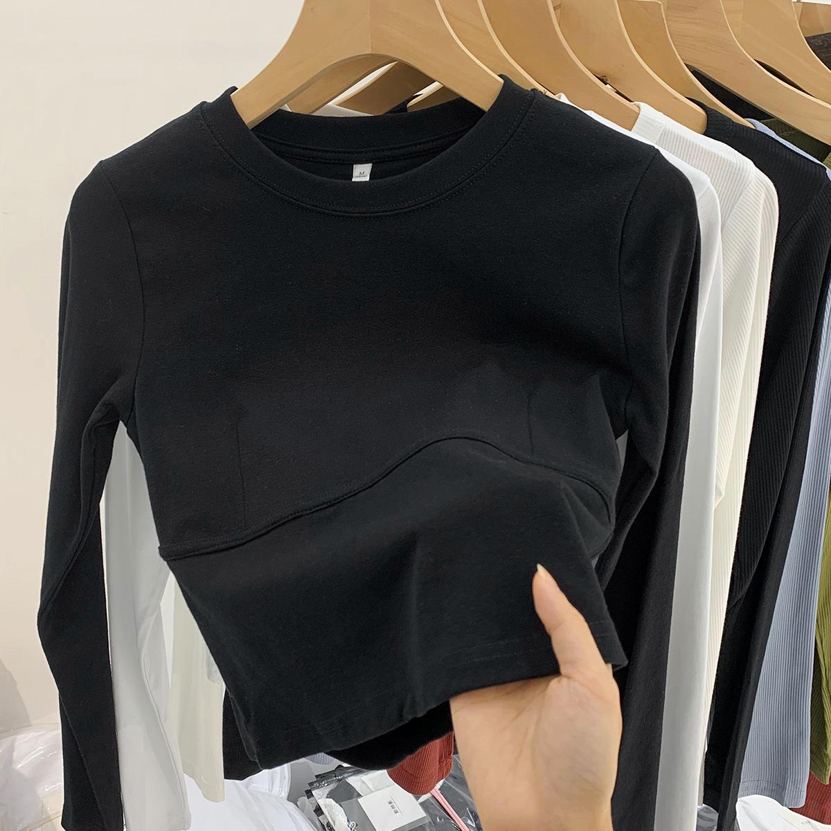 

Сладкая и пряная облегающая внутренняя рубашка с длинными рукавами, однотонная короткая футболка для женщин, весна и осень, топ с высокой талией и пупком, модный XL