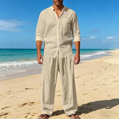 Spring and Summer Men's Linen Stand-up Collar Loose Breathable Shirt Trousers Breathable Casual Commuter Two-piece Suit
