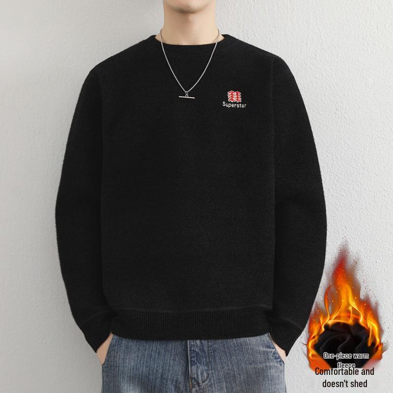 Men's Youth Velvet Thickened Wool Sweater - Embroidered, Warm, Trendy Round Neck Knitwear for Autumn and Winter