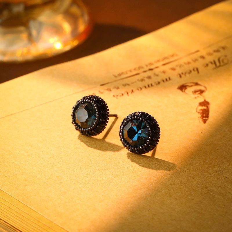 Vintage Elegant Zircon Deep Blue Ear Studs S925 Silver Earrings for Women