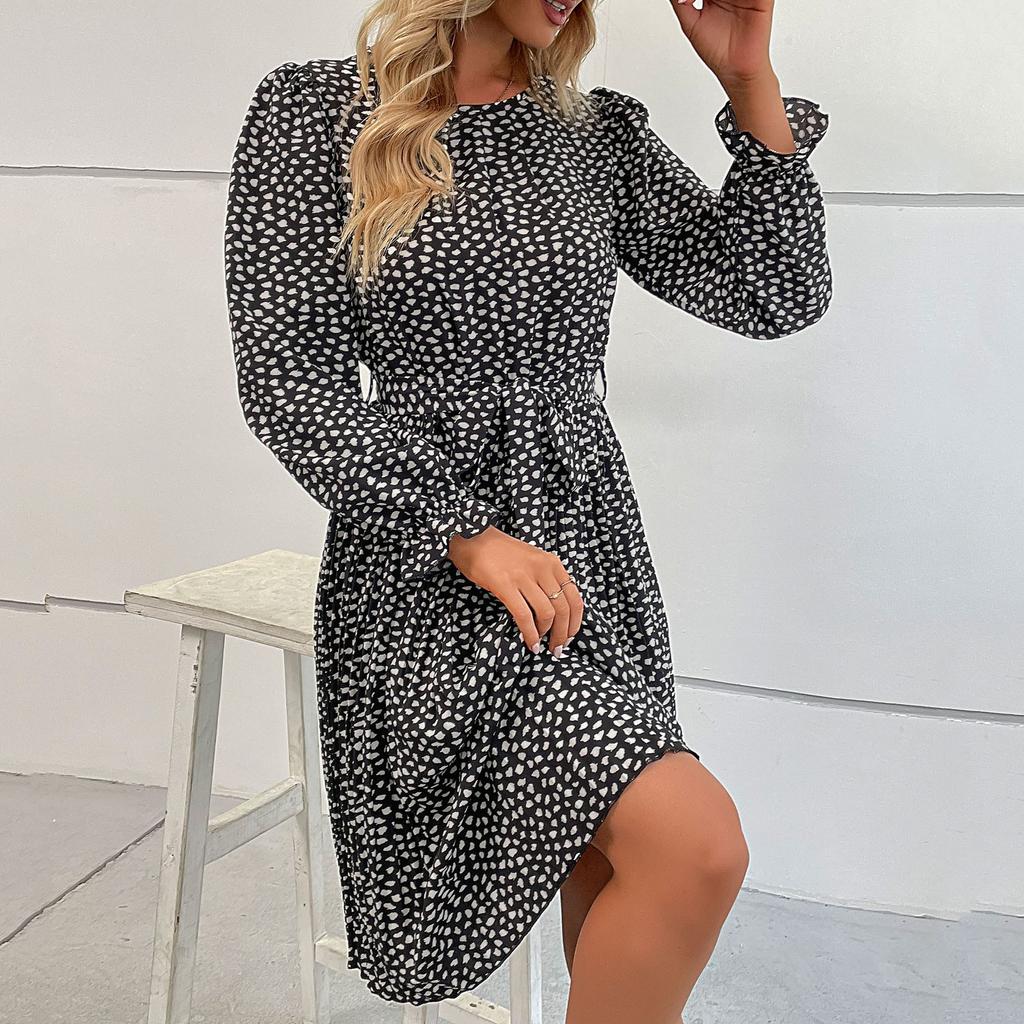 Women's Fashion Leisure Temperament  And Winter Long Sleeve Lace Print Base Dress