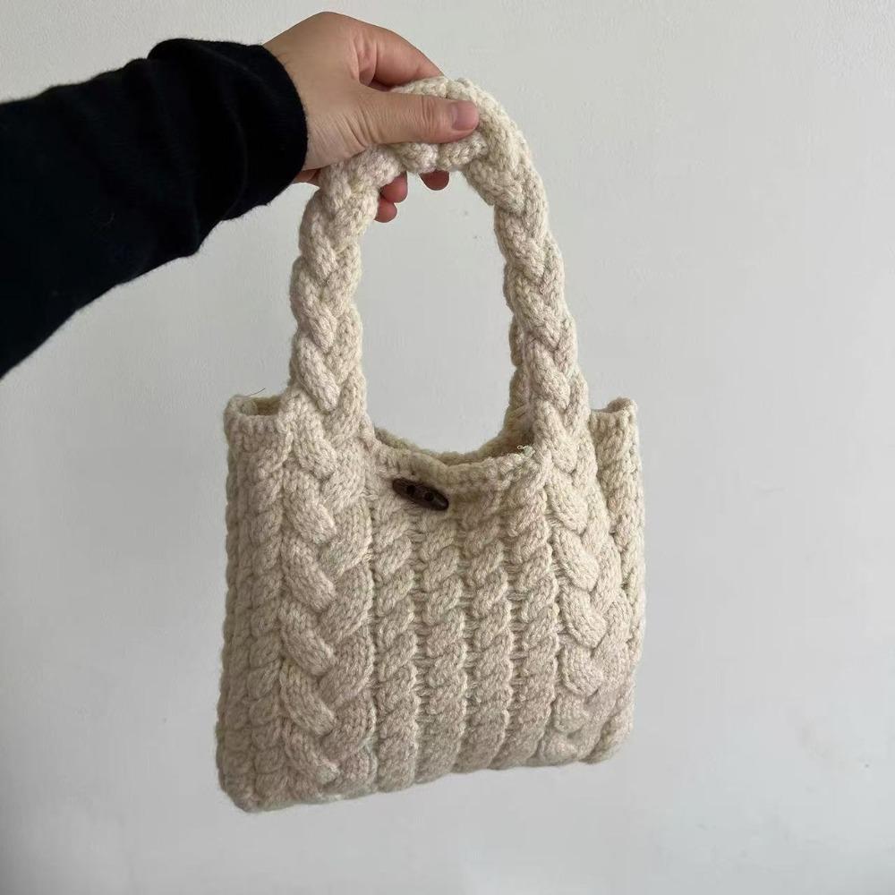 Cow Horn Button Twists Knitted Handbag Multicolor Knitted Wrist Bag Weave Woolen Bag  Commuting бежевый