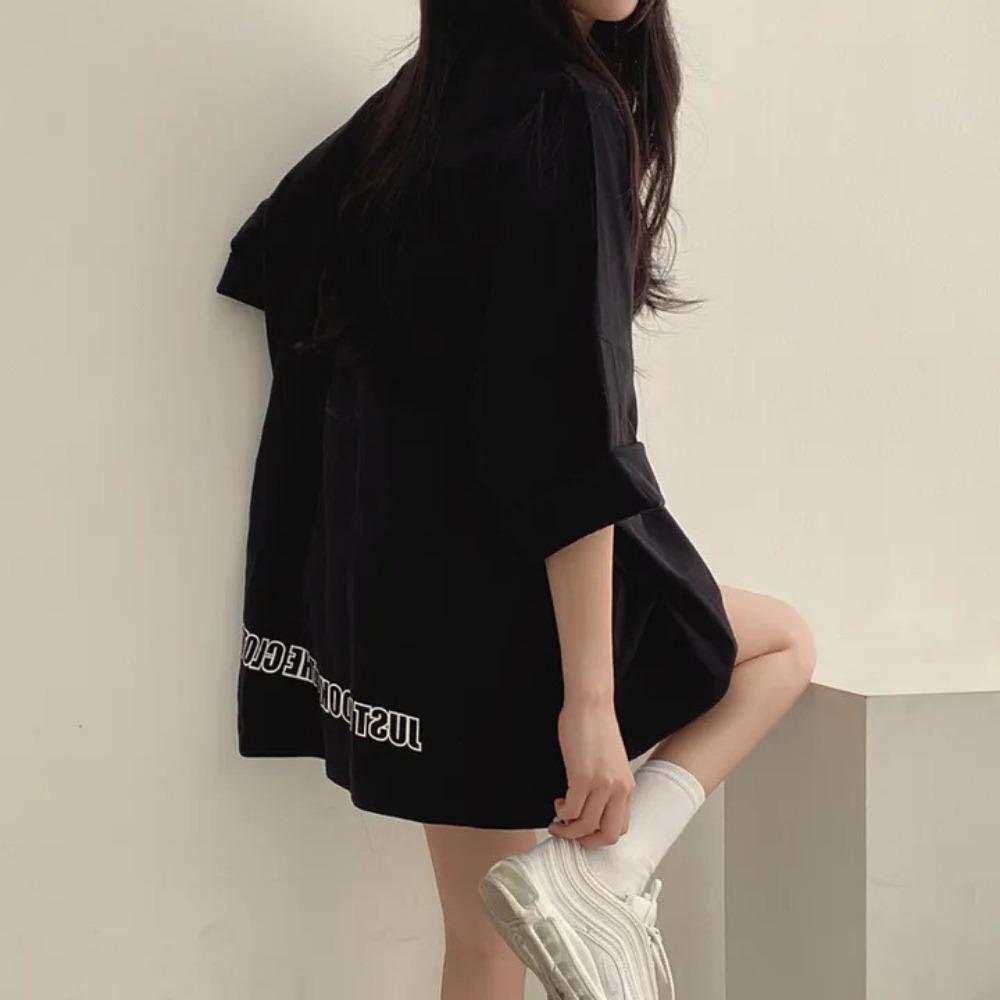 

Футболка средней длины из чистого хлопка с короткими рукавами для женщин, летний новый корейский свободный топ, модный XXL чёрный