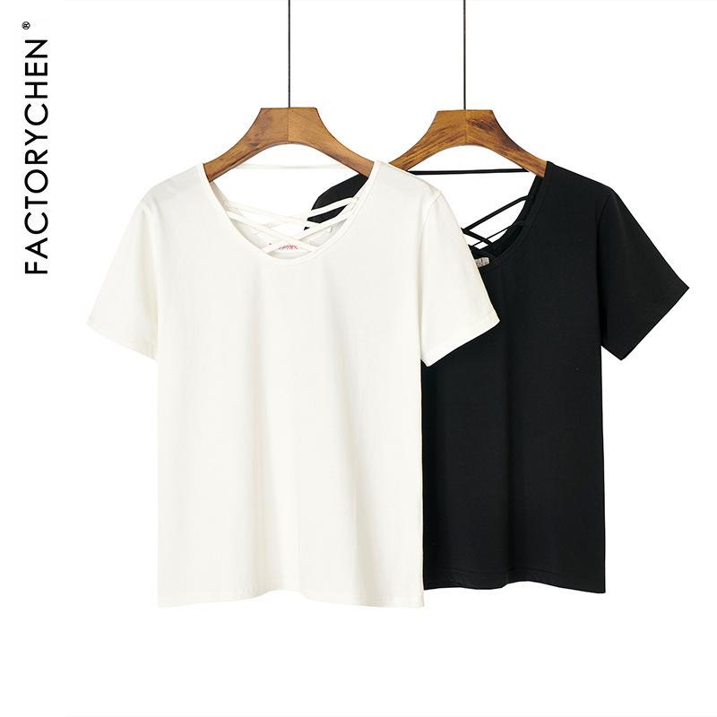 Summer ice porcelain cotton short-sleeved careful machine top design sense back cross with sexy simple T-shirt women