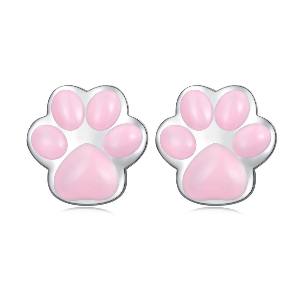 Pink dog paws screw-on stud earrings, 925 silver