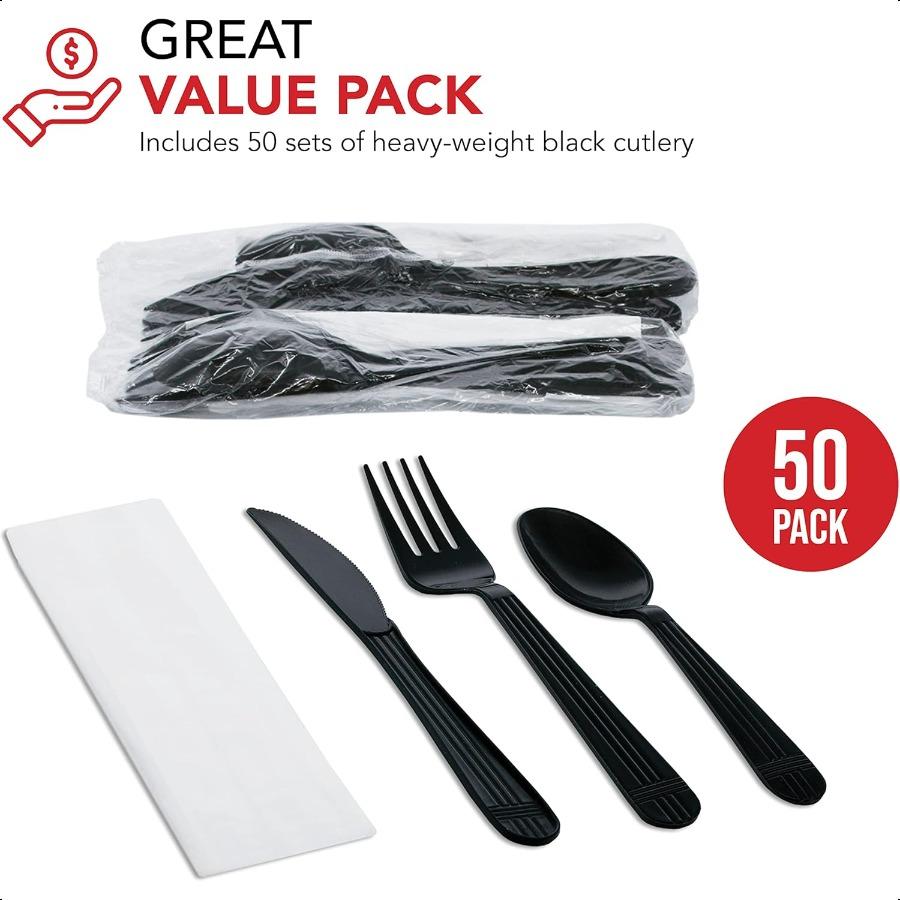 Individually Wrapped Heavy Duty Plastic Utensil Kits 50 Sets for Party Catering Fork Spoon Knife Napkin Black