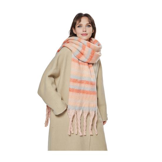 Winter Scarf Cashmere Feel Plush Scarf with Tassel Decoration Thickened Warm Plaid Pattern Winter Long Scarf