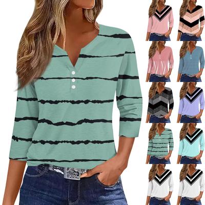Women's T Shirt Tee Print Button  3/4 Sleeve Daily Weekend Fashion Basic V- Neck Regular Top