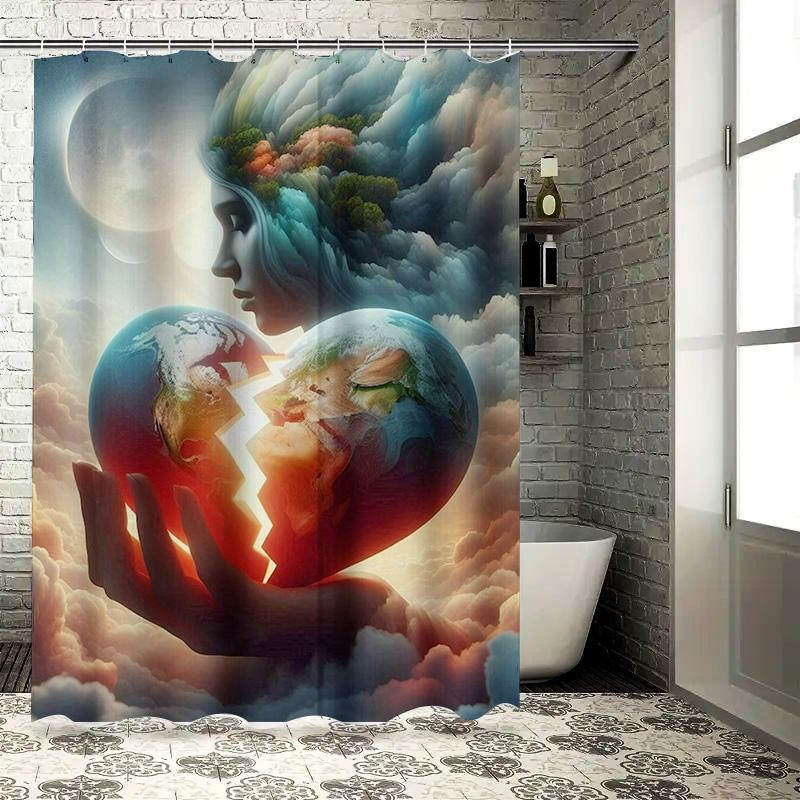 Surreal Earth Heart Shower Curtain - Waterproof, Mildew-Resistant, Machine Washable For Dreamy Bathroom Decor