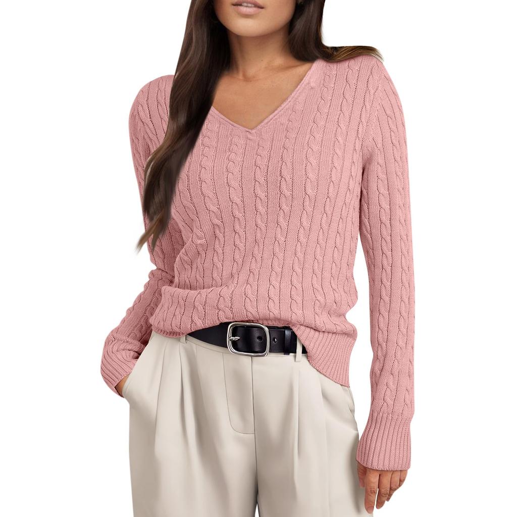 Women's Cable Knit V Neck Sweater Lightweight Soft Pullover Sweaters