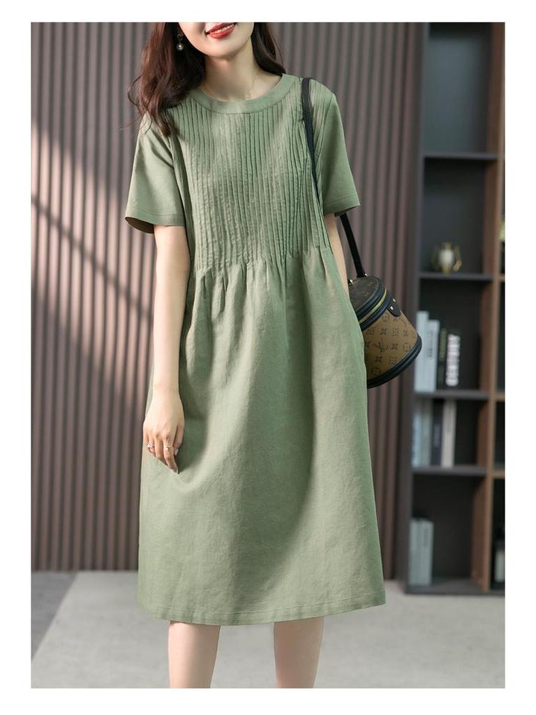 Lockeres Baumwoll-Leinen-Midikleid im koreanischen Stil mit Akkordeonfalten, Sommer 2023 - Figurschmeichelndes Kurzarmdesign für Frauen