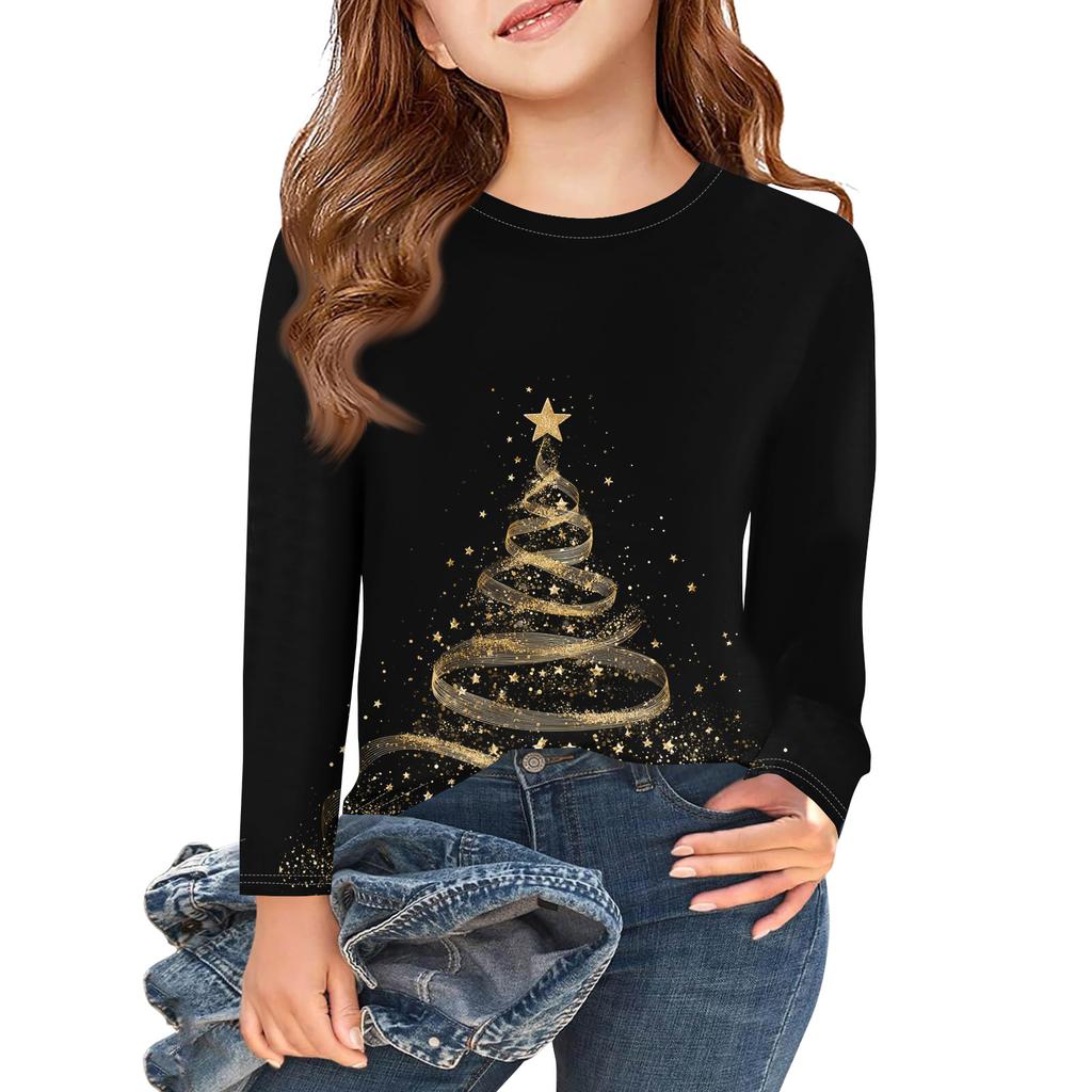 Christmas Day Girls Long Sleeve T Shirts Kids Fall Tops Crewneck Printed Basic Tees