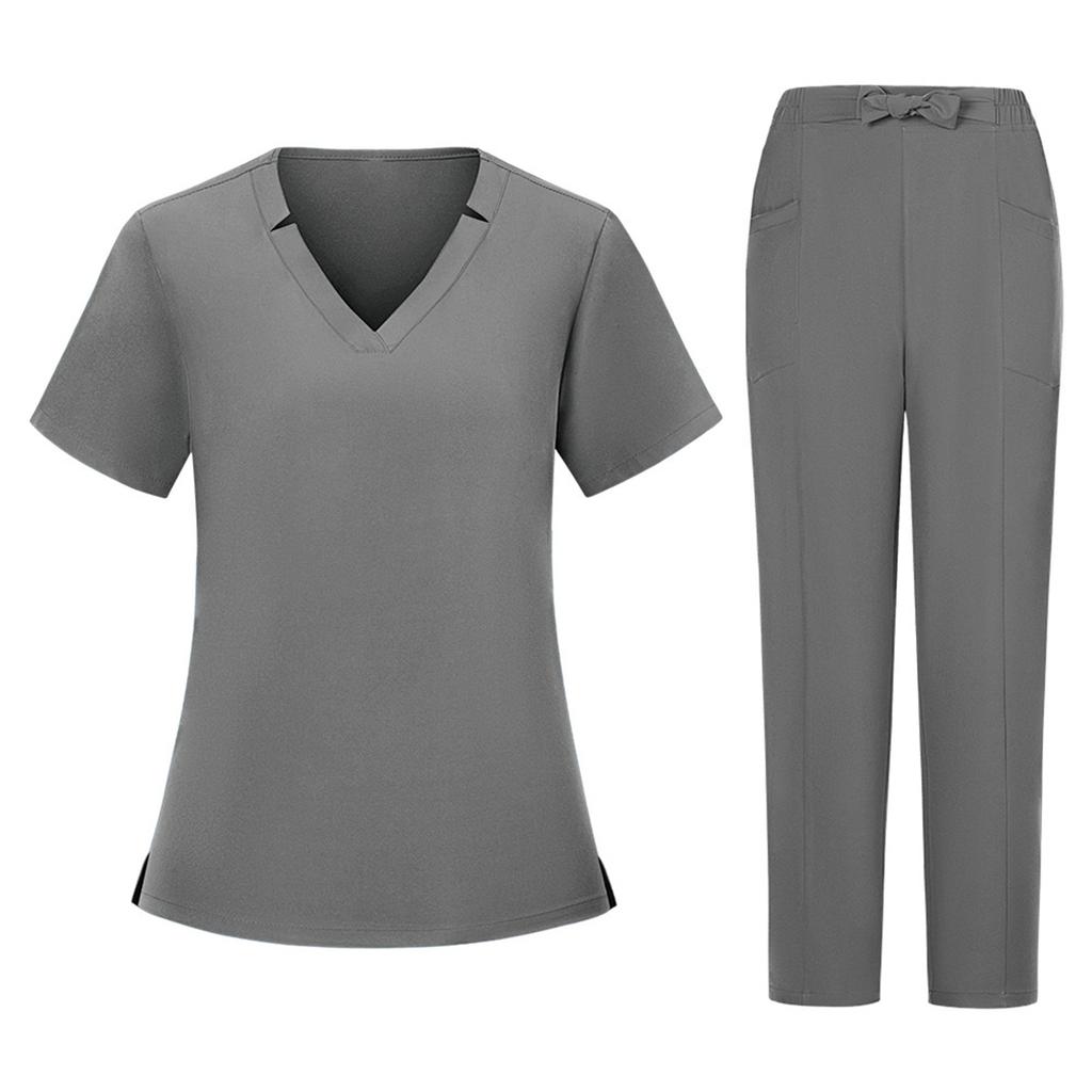 Women's Short Sleeved Color V Neck Pocket Top Pants Work Clothes Two Piece Set