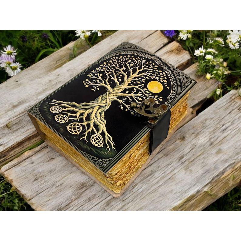 Tree of Life Grimoire Handmade leather journal Notebook Blank spell book of shadows Leather Celestial Gifts For Him Her