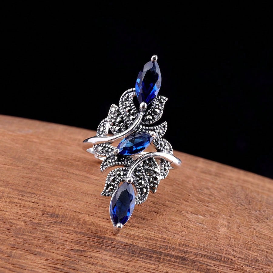 1 Pc Fashion Long Blue Agate Faceted Stone Crystal Women's Ring
