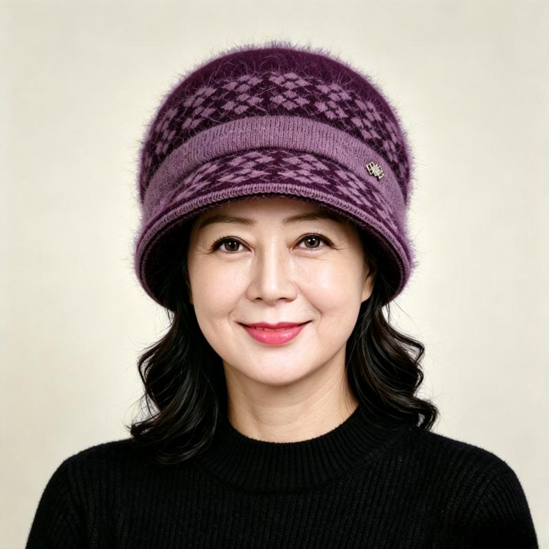 Autumn and Winter Hat Women's Fashion Bucket Hat Middle-aged and Elderly Mother Basin Hat Plush Warm Wool Hat Old Lady Knitted Hat
