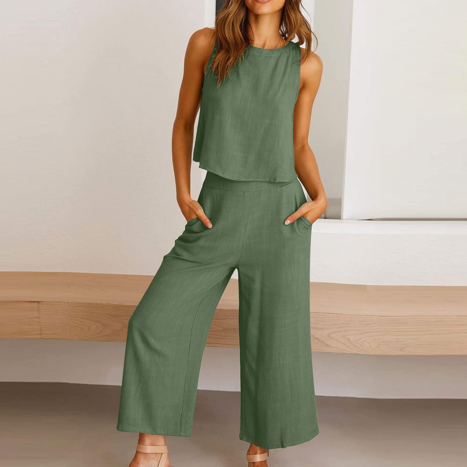 

Two Piece Outfits For Women Summer 2023 Plus Size Sleeveless Outfit Casual Wide Leg Pants Set With Pockets Sets XL зелений