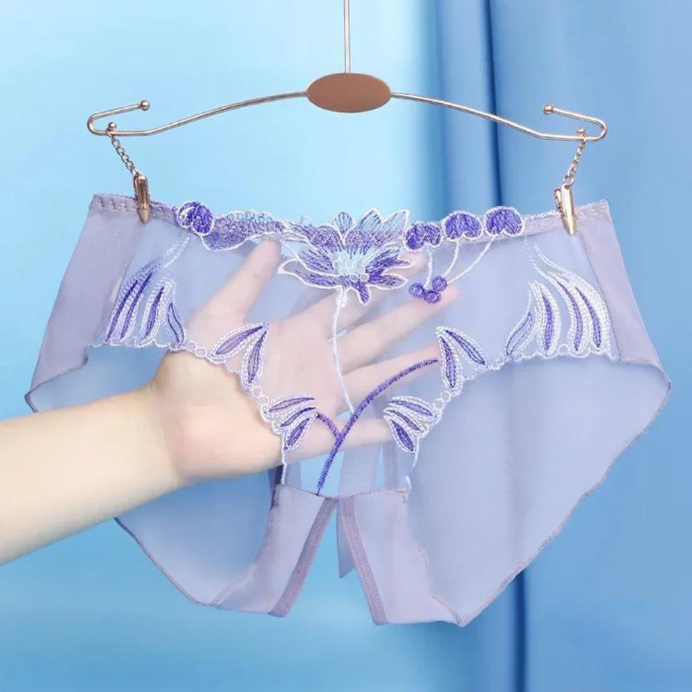 Women Plus Size Lace Sexy Transparent Underwear Floral Mesh Comfort Sheer Crotch Slit Traceless Briefs Panties Women's Briefs
