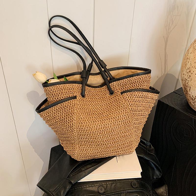 Multi Pockets Summer Beach Straw Shoulder Bag For Women Mesh Durable Travel Handbag Large Capacity Hollow Out Bucket Tote Bag