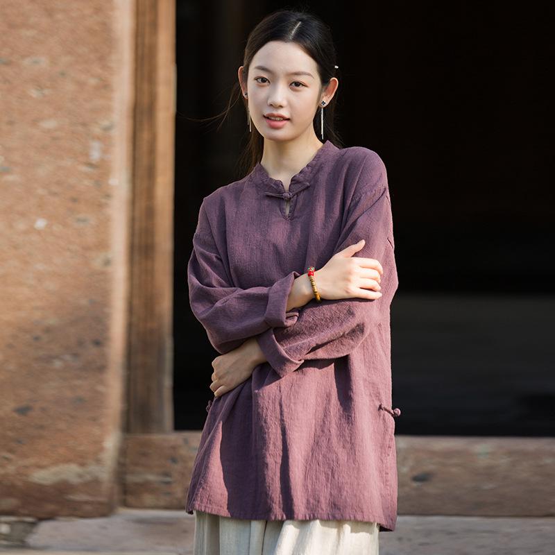 

Весна 2025 г. Женский топ из хлопка и льна с художественным воротником-стойкой и пуговицами One Size