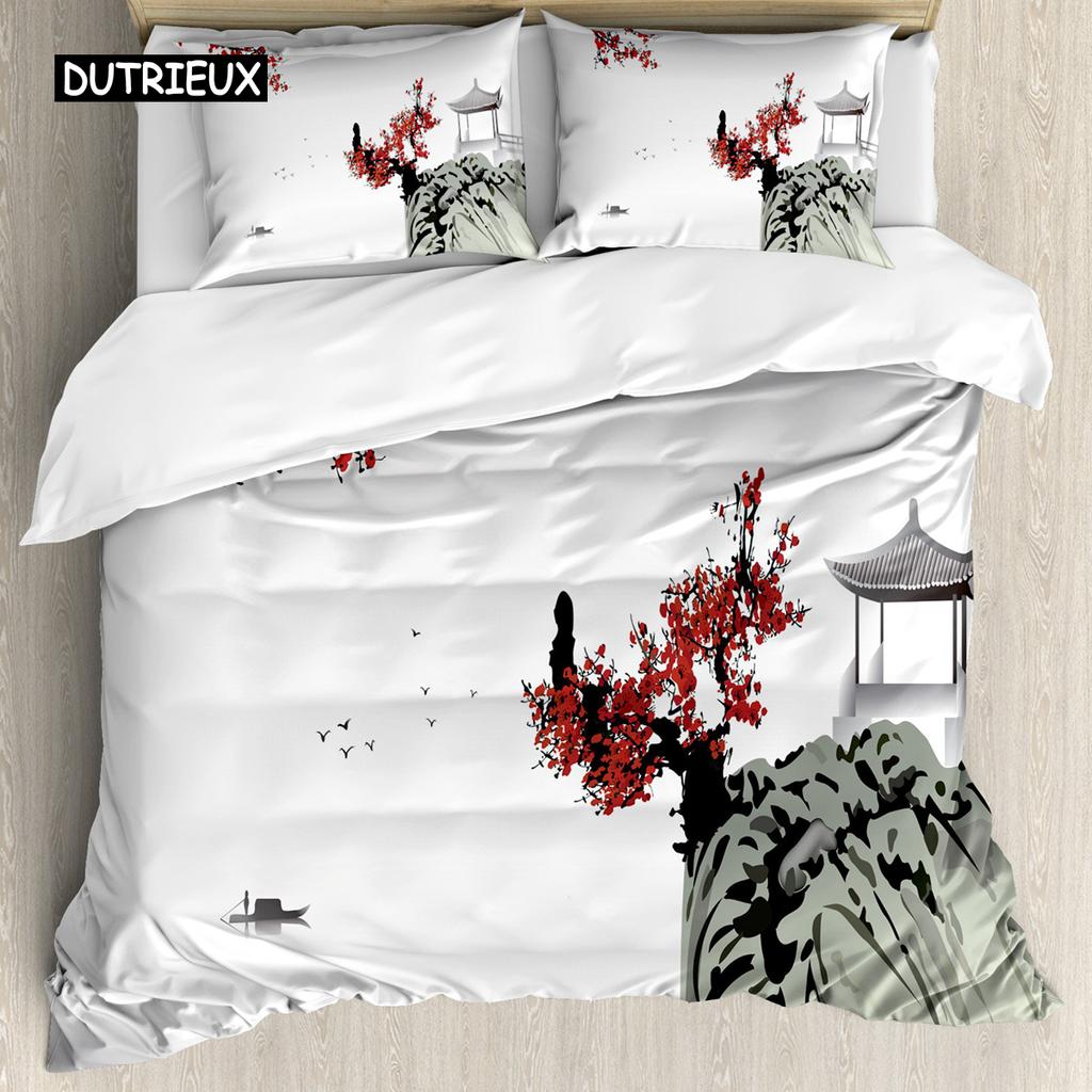 Japanese Duvet Cover Set Simplistic Cherry Blossom Tree Botanic Themed Pattern Fresh Organic Lines Bedding Set for Kids Girls