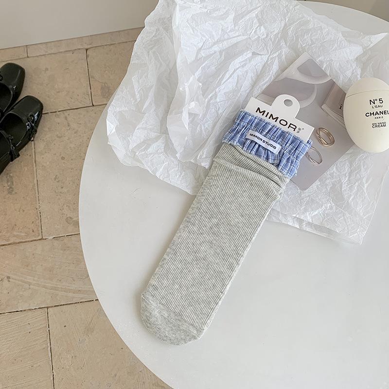 Women's Spring and Summer Thin Plaid Lace Creative Fashion Cloth Label Sweat Absorbent Boneless Tube Pile Socks