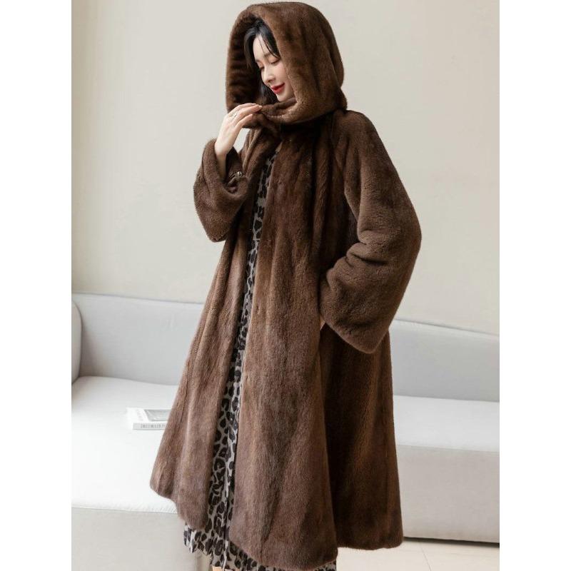 Leopard Print Plus Long Over-knee Imitation Mink Fleece Fur Coat Hooded Jacket Women's Autumn and Winter New