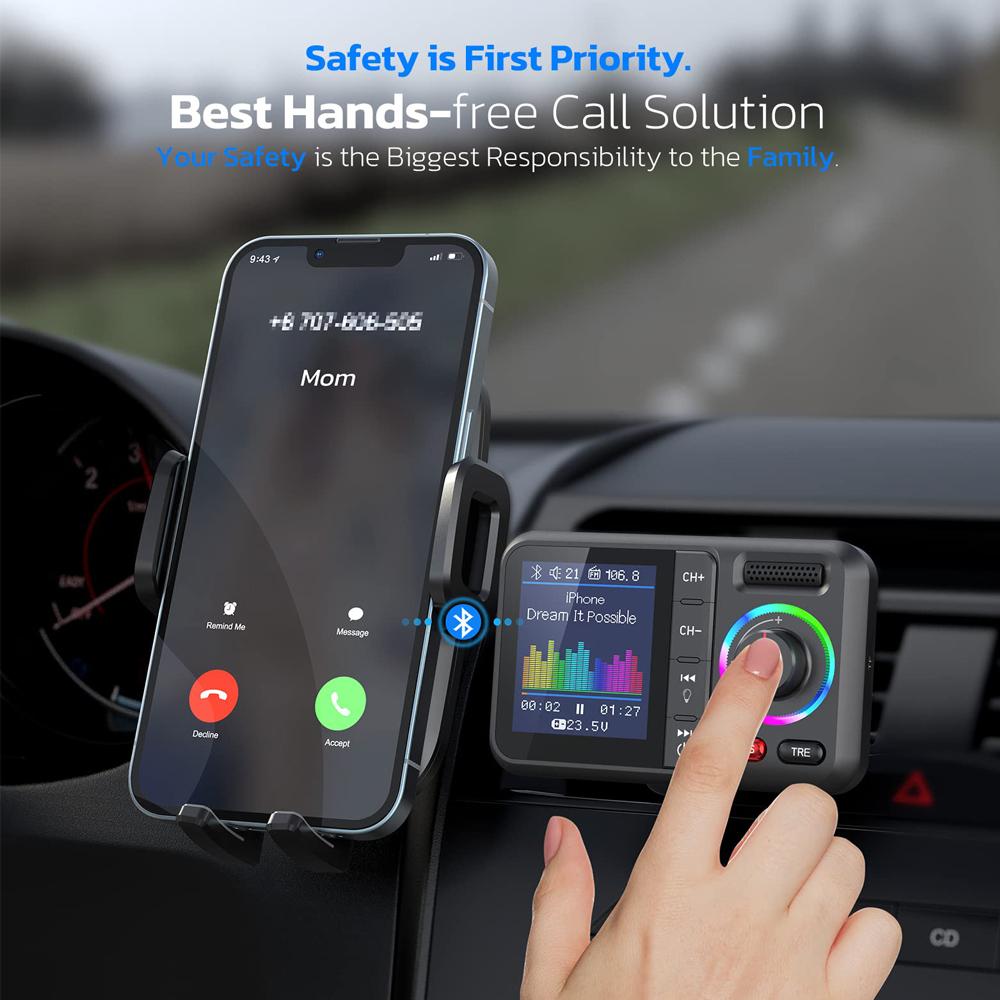 Wireless FM Transmitter 2.4A QC3.0 Dual USB Fast Charging Hands-Free Call Car AUX Adapter MP3 Music Player with Big Color Screen