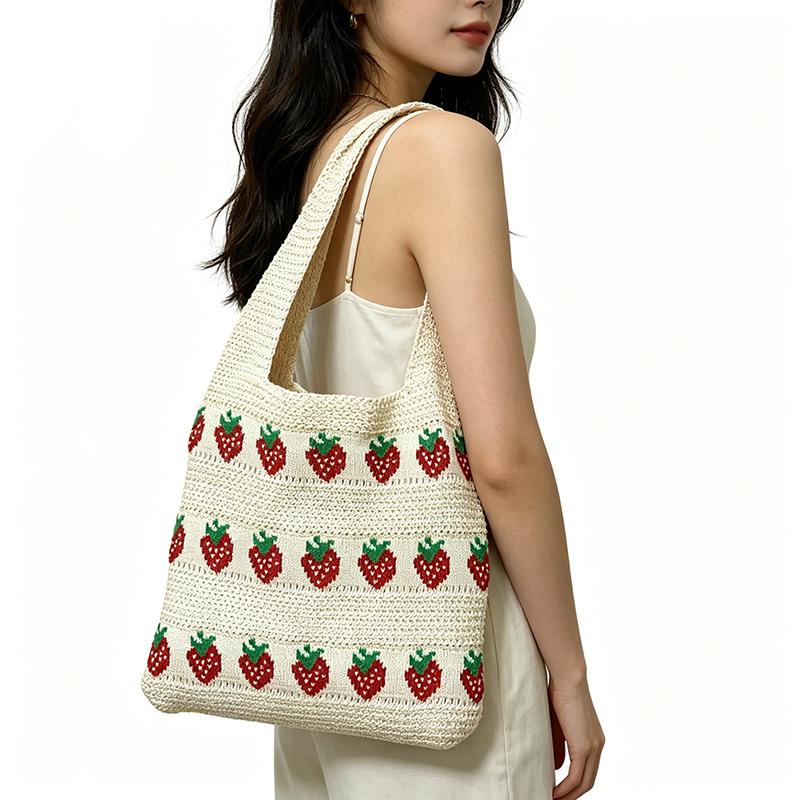 Shoulder Bag For Women Summer Strawberry Knitted Tote Bag Lightweight Travel Minimalist Shopper Hand Bag