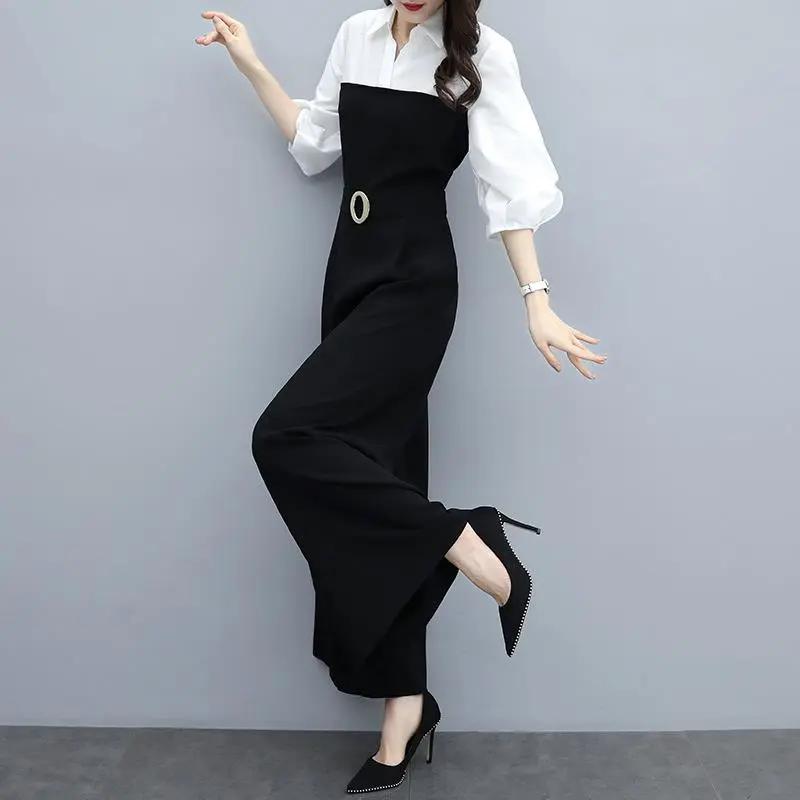 Spring and Summer Black Jumpsuit Women's Korean Casual Temperament Wide-leg Jumpsuit Shirt One-piece Suit