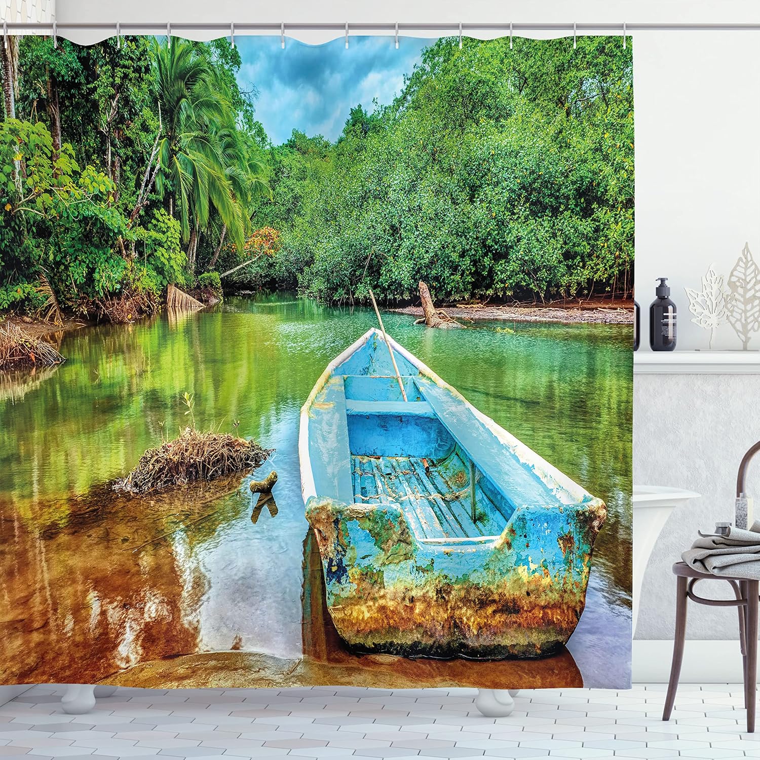 

Tropical River Boat Shower Curtain Nature Scene Bathroom Decor Jungle Landscape Blue Canoe Water Reflection Bath Accessory W60H190(CM)-1 Pcs