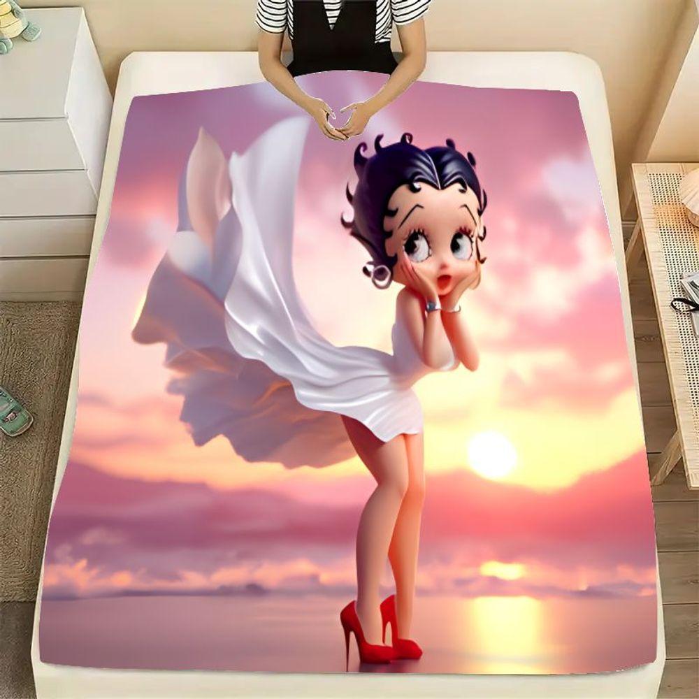 Betty Boop Tecknad Pläd - Snygg och Mysig Mjuk Fleecefilt med Ikoniska Betty Boop med Lockigt Mörkt Hår och Sur