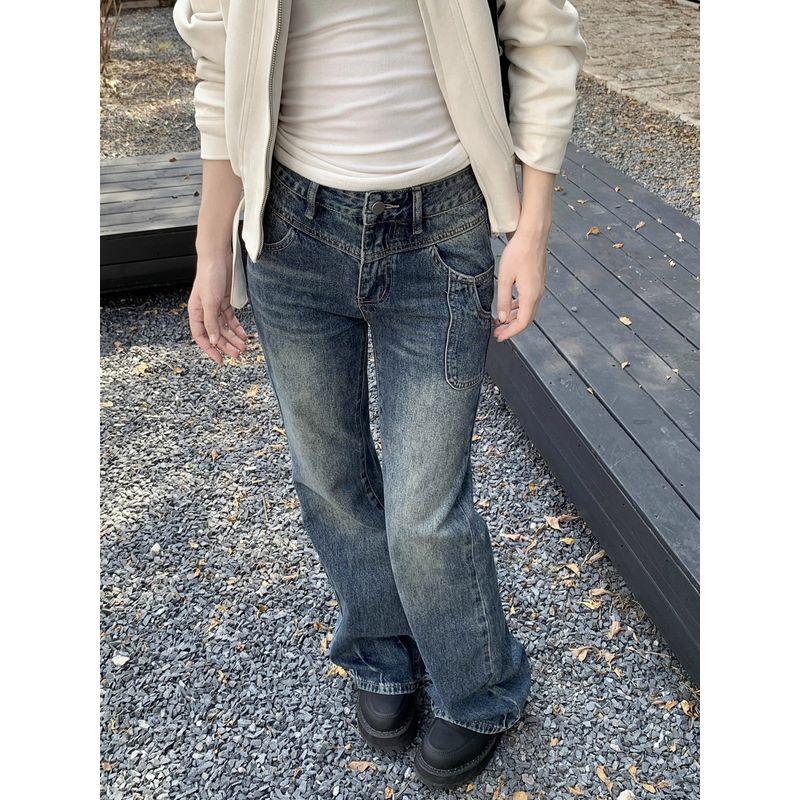 Kumikumi Retro Gyaru Distressed Blue Slightly Flared Jeans Women Clothes Autumn Chic Age-Reducing Slimming Trousers