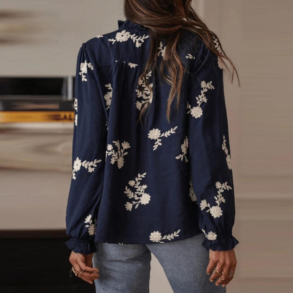 Women's Fashion Cardigan With Puff Sleeves, Ruffled Collar And Embroidered Casual Shirt Top