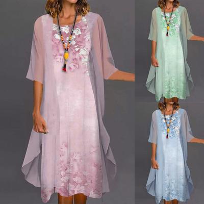 Zweiteiliges Set-Kleid für Damen, lässig, modisch, bedruckt, Rundhalsausschnitt, mittellang, Länge