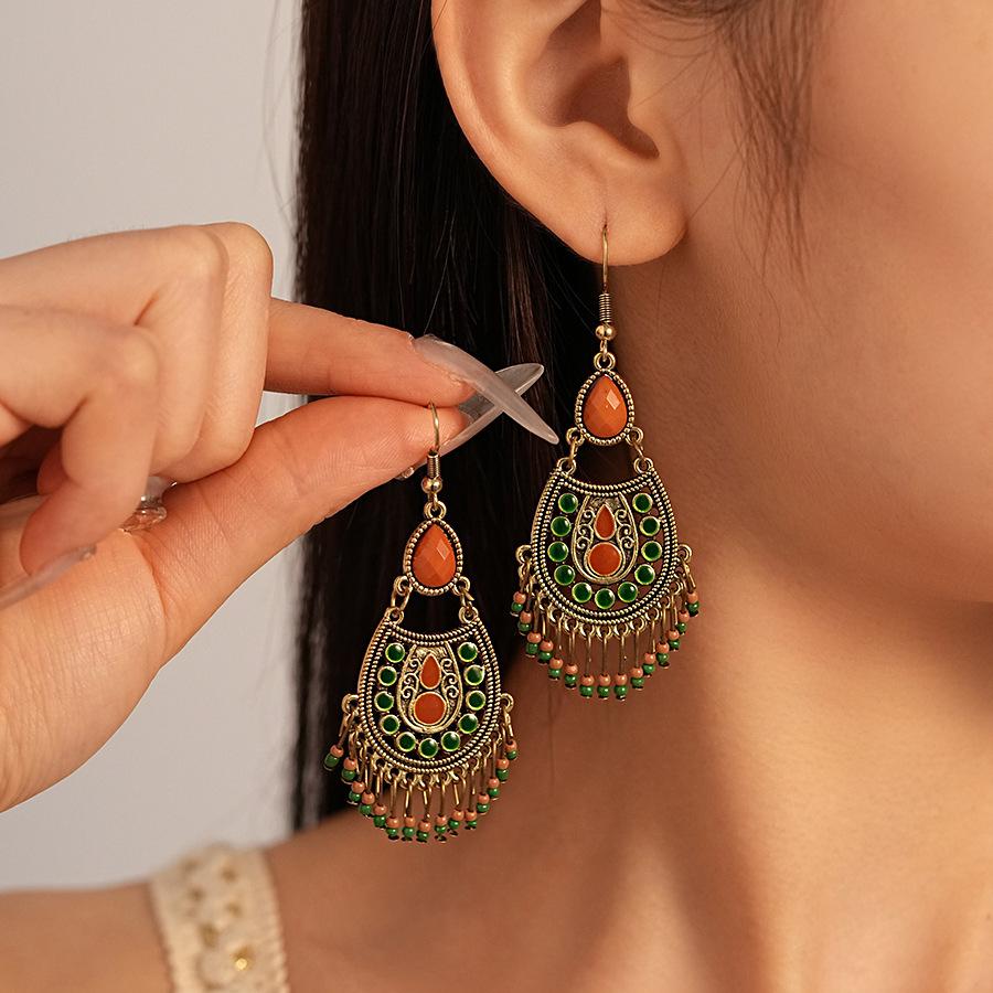 Oleoresin Water Drop Rice Beads Tassel Ear Hook Earrings Ethnic Style