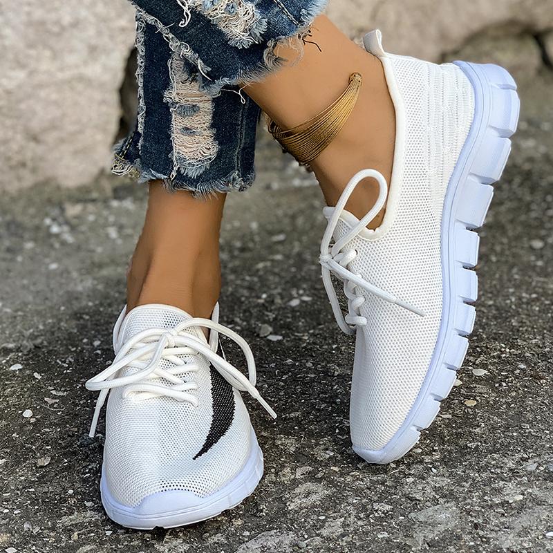 Fashion White Print Knitting Flat Shoes Women Spring Autumn Breathable Soft Bottom Sneakers Woman Comfort Non Slip Casual Shoes Size 43