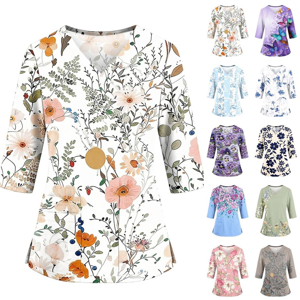 Top de Uniforme Floral para Mujer con Escote en V, Bolsillos, Abertura Lateral y Mangas Tres Cuartos