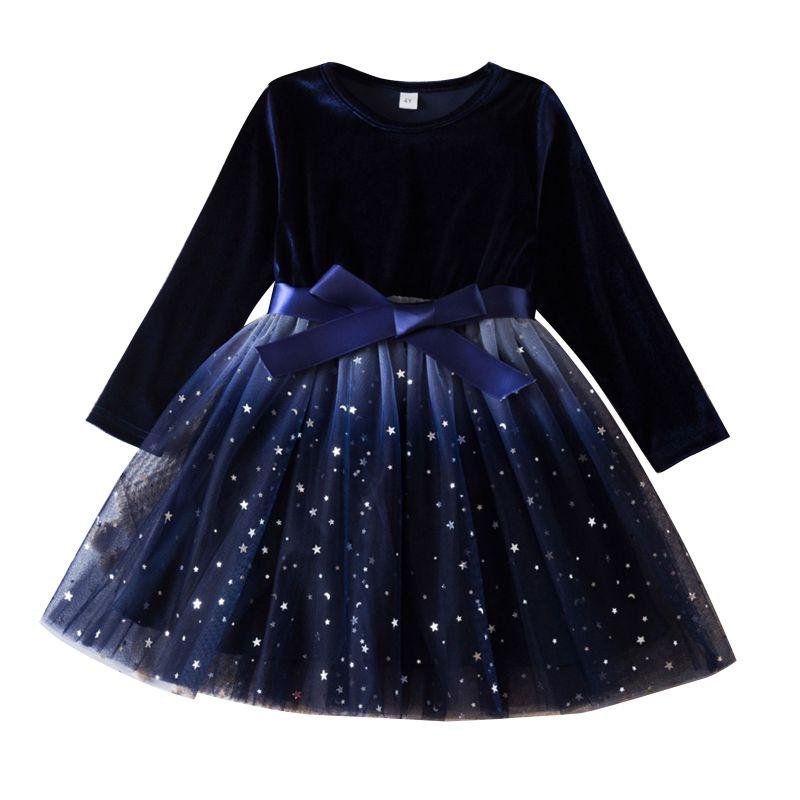 3-7 Years Kids Girls Starry Sky Style Mesh Skirt Dress Long Sleeve Bow Dress