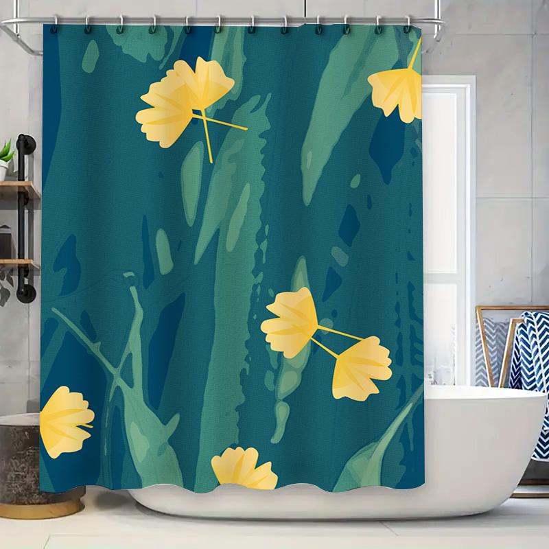 

Greenery Bath Shower Curtain With Yellow Flower Print Blue Green Leaf Pattern Decorative Waterproof Fabric Waterproof Bathroom A W60H190(CM)-1 Pcs