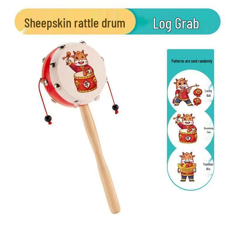 Lambskin Rattle: Wooden Baby Hand-Shaking Drum, Drop-Resistant, Chewable Musical Toy