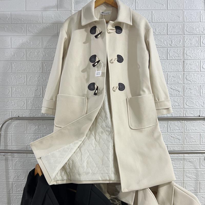 Women's Retro Toggle Wool Coat: Mid-Length Korean Preppy Style, Thickened for Autumn & Winter 2023