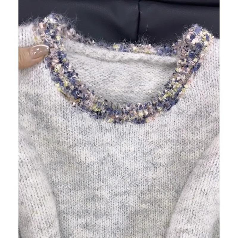 Design Sense Heavy Industry Beaded Mohair Soft Waxy Sweater Women's Autumn and Winter New Lazy Wind Crew Neck Knitted Sweater Top