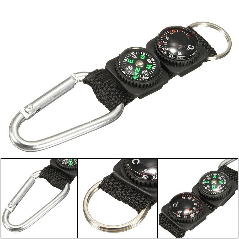 3 In 1 Camping Climbing Hiking Carabiner Keychain Compass Thermometer Key Ring