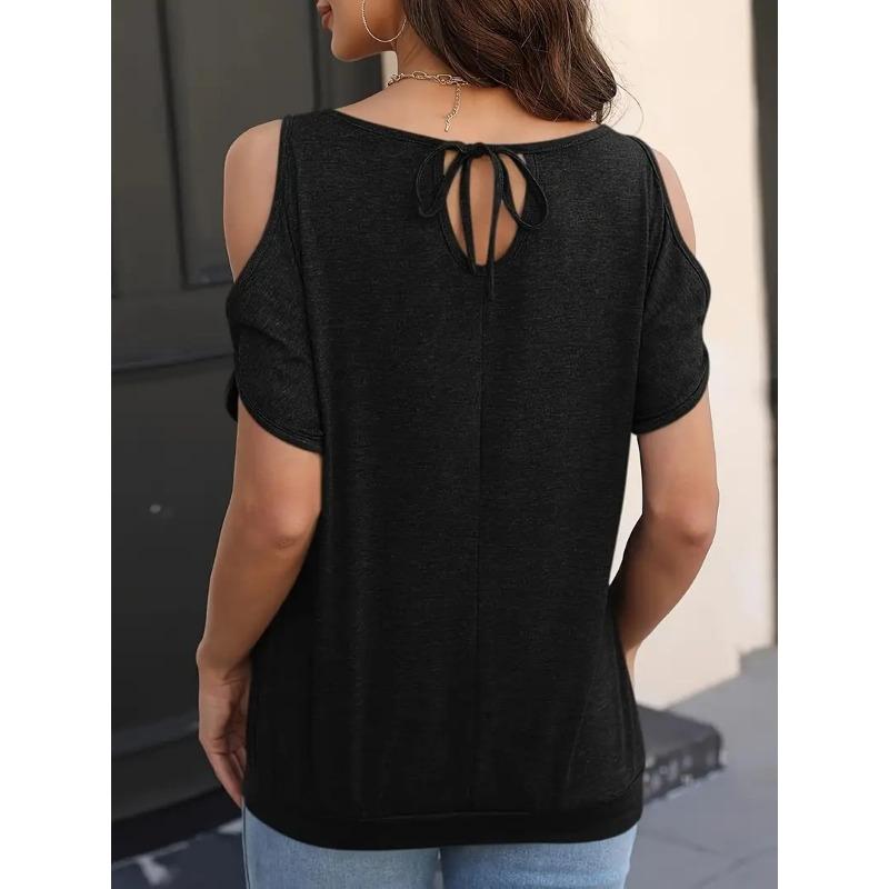 2025 Spring Summer Sexy Off-the-shoulder Short Sleeved Women Blouse Crew Neck Loose T-shirt Casual Simple Basic Solid Color Office Women Top Shirts
