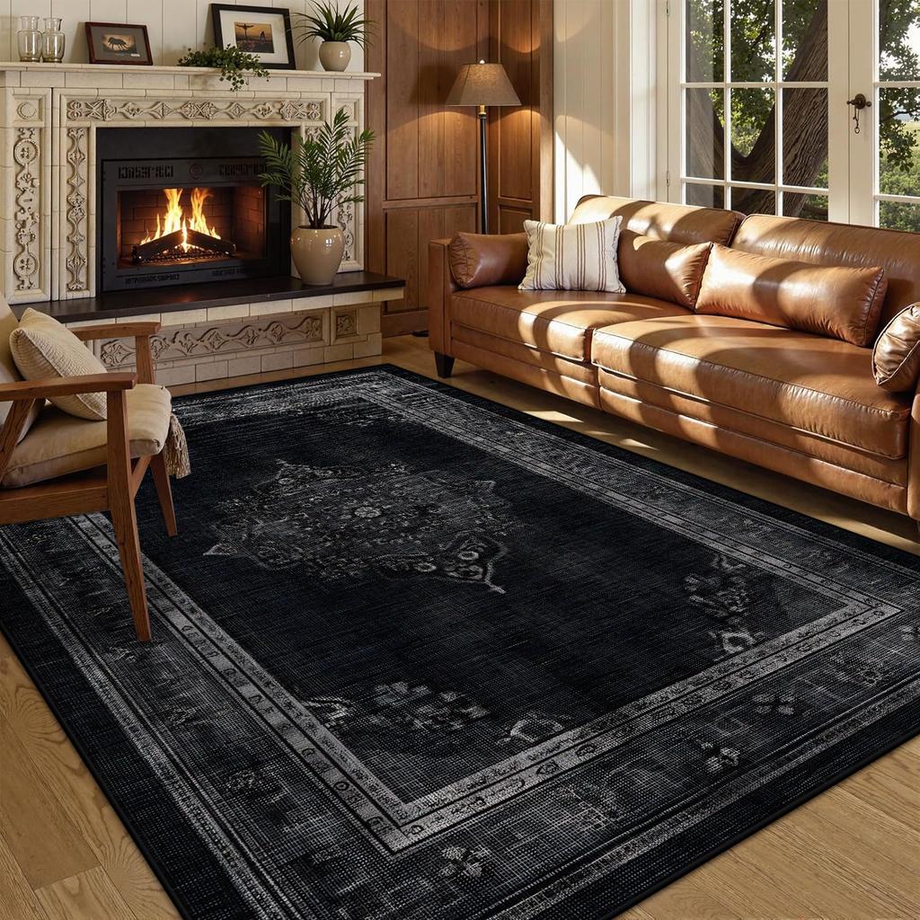 Persian American Black Carpet Large Area Living Room Decoration Home Retro Ethnic Bedroom Rug Cloakroom Lounge Soft Mat Washable