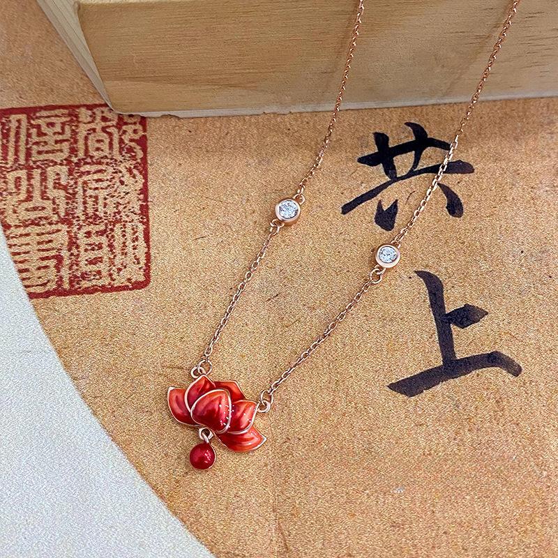 Collar Loto Rojo Mujer Nuevo Chino Alta Calidad Estilo Chino Collar Cadena Adorno