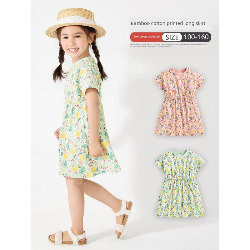 New Summer Floral Dress for Girls, Bamboo Jersey Cotton Dress, Pure Cotton Thin Short-Sleeve Dress for Girls, Export