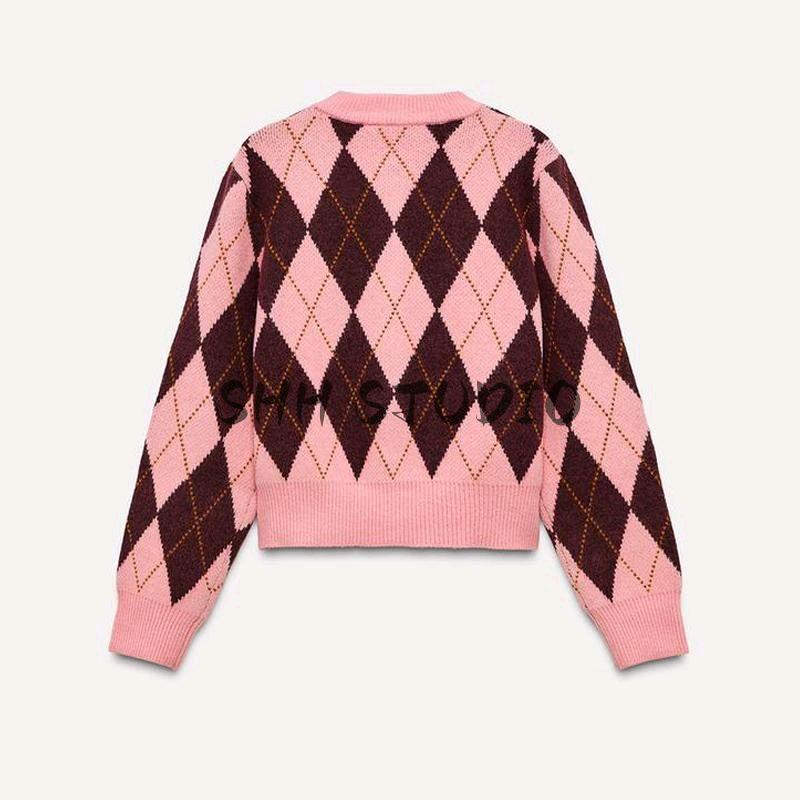 Spring New Women's Clothing Preppy Style Diamond Jacquard round Neck Long Sleeves Casual Knitting Outwear 5755011